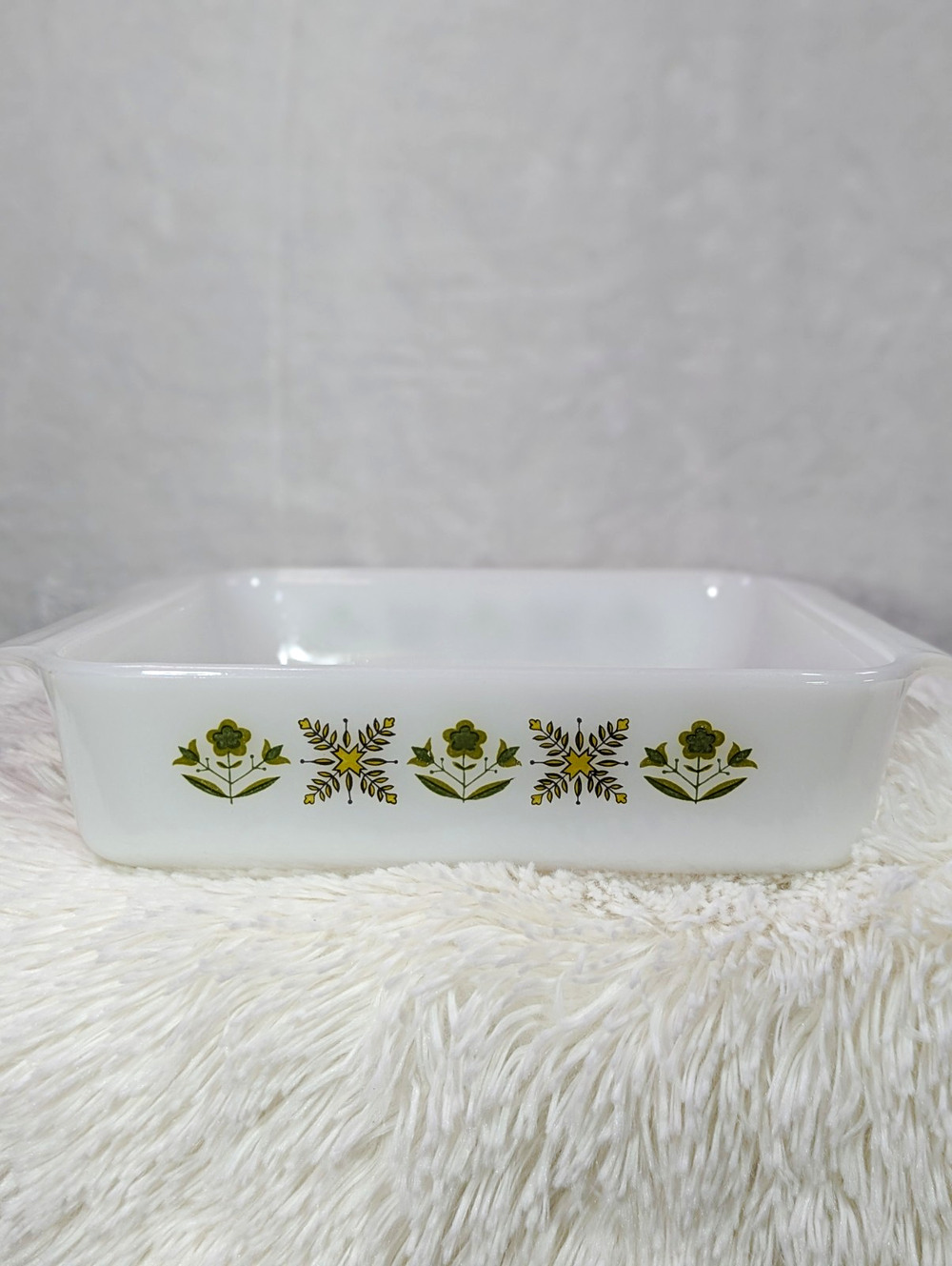 Vintage Fire-King Meadow Green #435 Square Cake Pan 8" Milk Glass CHIPPED/AS IS